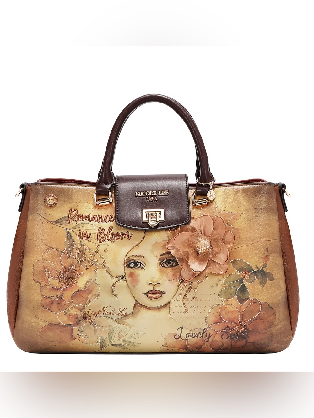 Nicole Lee Brown Floral Satchel with Peach Flower Accent